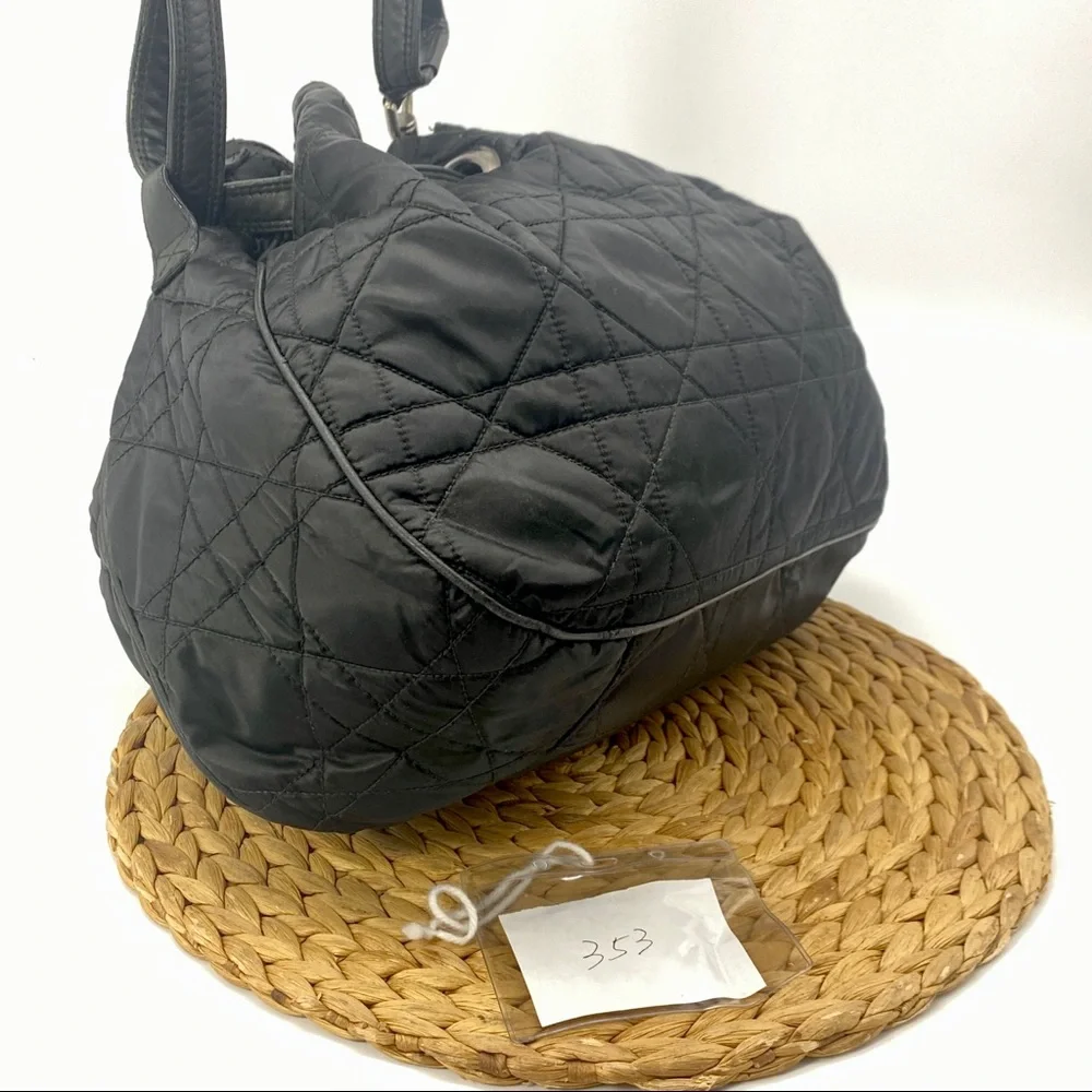 CHRISTIAN DIOR BLACK SATIN LEATHER CANAGE SHOULDER DRAWSTRING HOBO BAG LARGE - Picture 3 of 9